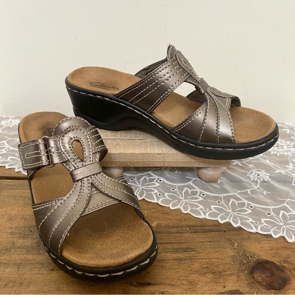 Clarks Bendables Bronze Metallic Slip On Wedge Sandals